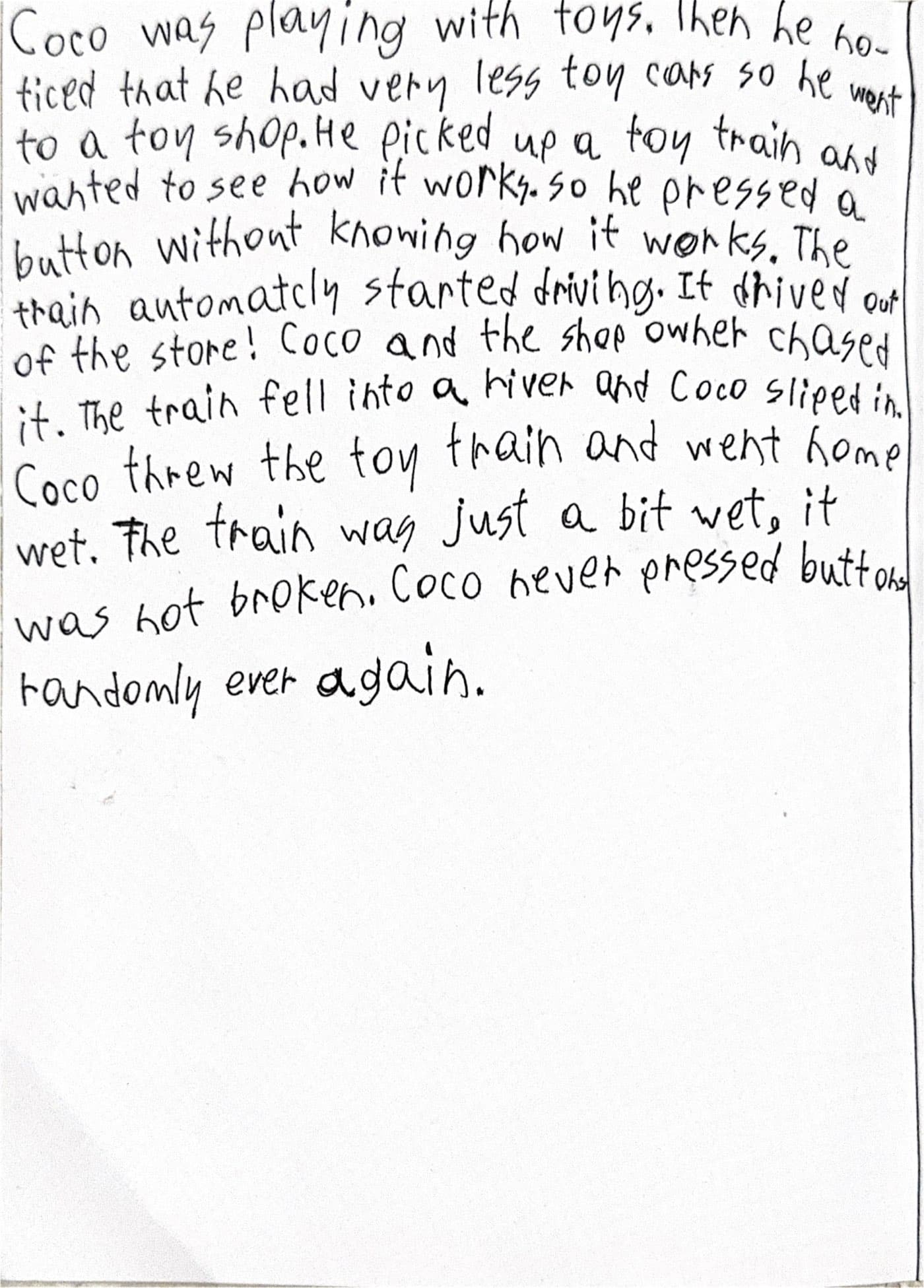 Merciha's handwritten story about Coco and the runaway toy train