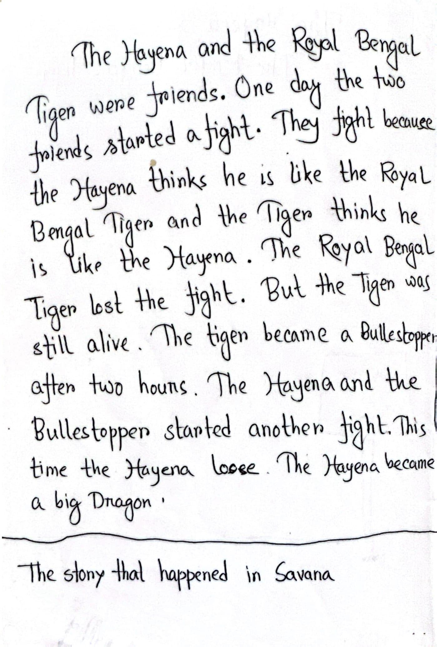 Merciha's handwritten first page of the hyena and tiger story