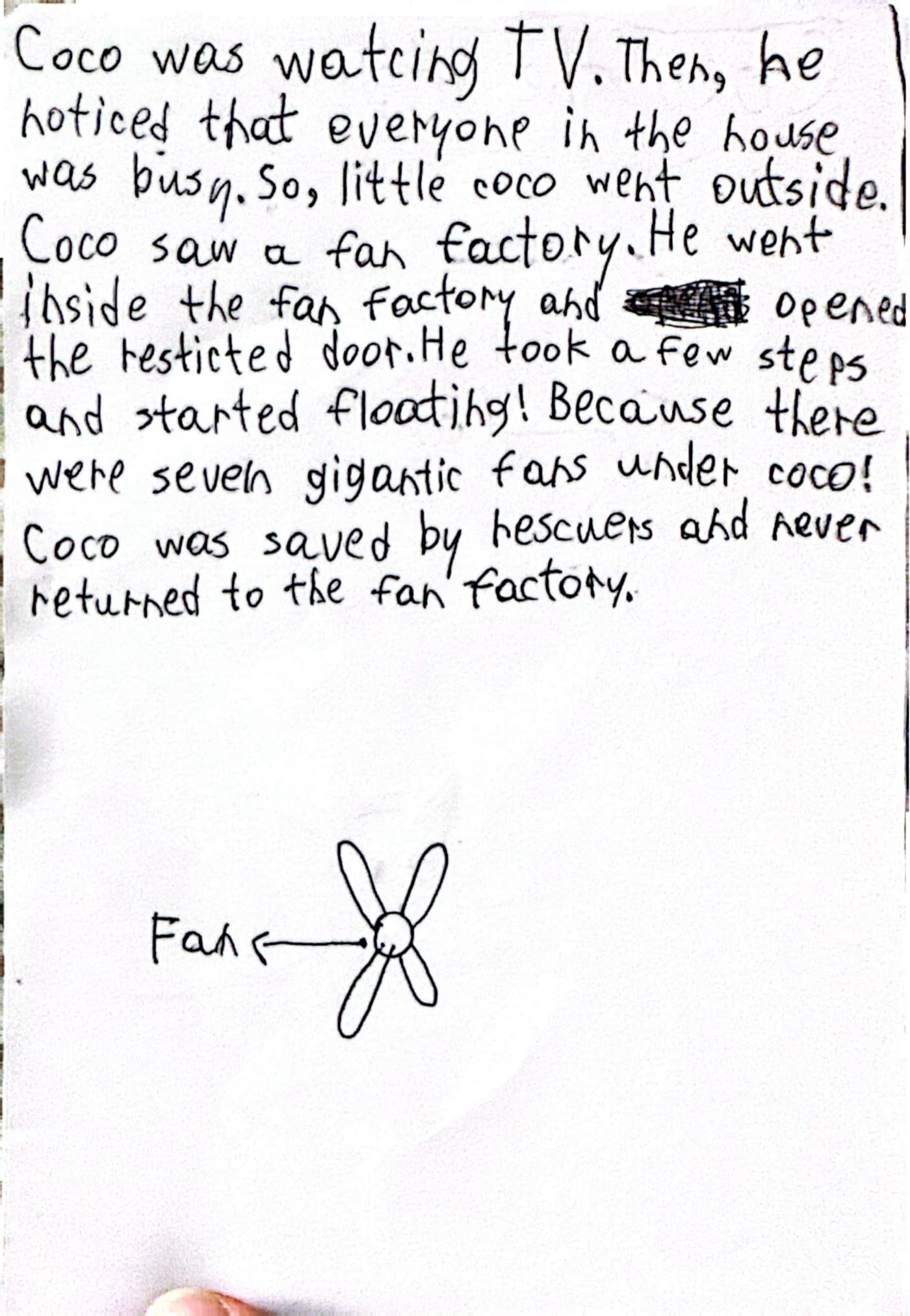 Merciha's handwritten story about Coco and the fan factory