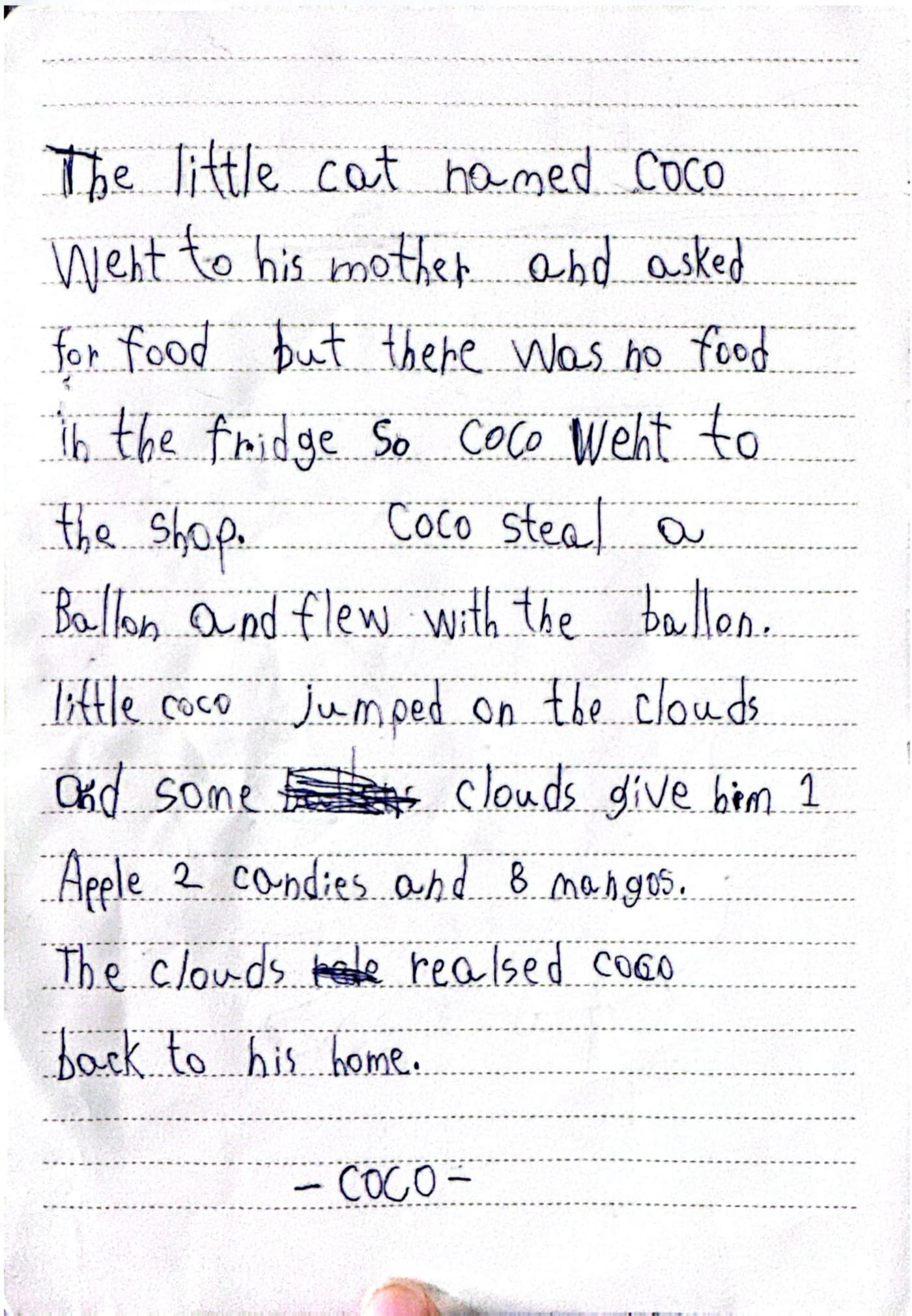 Merciha's handwritten story about Coco the little cat